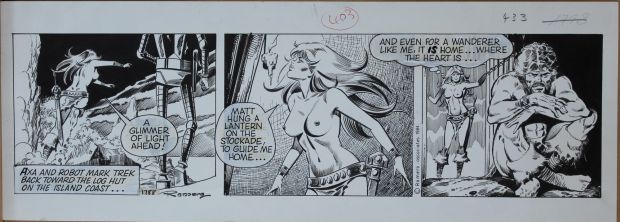 Enrique Badia Romero | Striscia originale di AXA pubblicata sul The Sun. cm. 50,5 x 18 circa. Anno di esecuzione 1984. Firmata. Timbri sul retro. | Art e Fumetto