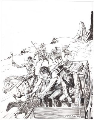 Gallieno Ferri | Copertina originale per Zagor 492 Zenith 543 ‘La carica dei Mohaves’. Cm. 29 x 38. Anno di esecuzione 2006. Firmata. Nella copertina stampata sono state fatte modifiche editoriali (introdotta una montagna azzurra a sinistra e indiani sullo&hellip; | Art e Fumetto
