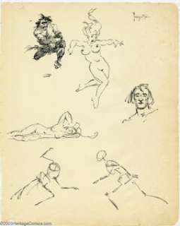 Frank Frazetta - Original Sketches, Caveman Chasing Nude (undated). This sketchbook page is filled with images, - | Heritage