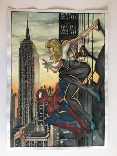 Carlos Eduardo Cunha | Original Color Painting In Watercolor/Gouache Of Spider-Man And Spider-Gwen / Gwen Stacy  - (2017) | Catawiki