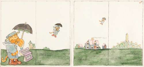 JAMES MARSHALL (1942-1992) "The wind picked up the umbrella and Roger at once, and blew them very high." [CHILDRENS / CAT] | Swann Galleries