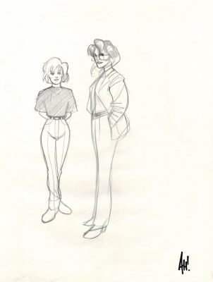 Adam Hughes | 1993 Sketch Book 11" X 14" Pinup of Woman & Girl, with Photo of Adam Hughes Signing Actual Artwork! | Romitaman