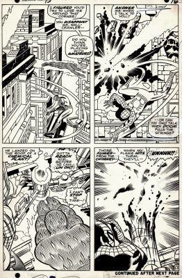 Jack Kirby, Joe Sinnott - Fantastic Four #73 P 13 (Rare Kirby Drawing Spider-Man & Human Torch Battling in All 4 Large Panels!)