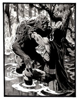 Bo Hampton | Batman Battling Swamp Thing Mixed Media Illustration (2006) | Romitaman