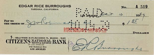 Edgar Rice Burroughs | Edgar Rice Burroughs Signed Check October 10, 1939! | Romitaman