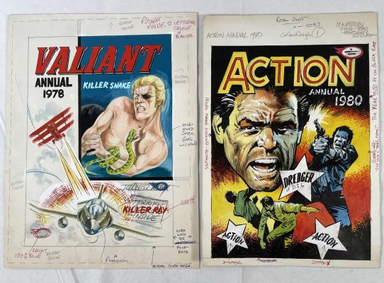 Lot 431 - Original comic book art - 2 pieces of cover art for ACTION ANNUAL (1980) IPC Magazines and VALIANT | Excalibur Auctions