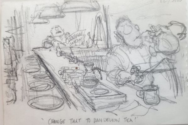 Pat Oliphant | Oliphant, Patrick - Political Cartoon Double Small Sketch, Diner Scene W/ Coffee Scare + 2Nd Diner Scene | Cool Lines Art