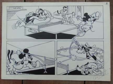 Mickey Mouse - Millet - Original Drawing - Mickey Mouse, Goofy & Pluto playing ping-pong! - Page volante - EO - (1984) | Catawiki