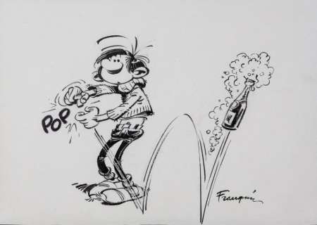 Franquin | Gaston Lagaffe - Champagne! Encre de Chine pour cet amusant dessin | Millon