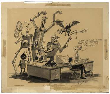 Humorous Marc Davis Cartoon Depicting a Mob of Bored Monsters & Robots in an Office Bothering a Man Who Tells Them, ’’Dammit, Get Out Of Here. When Ray Bradbury Shows Up, I’ll Let You Know’’ | Nate Sanders