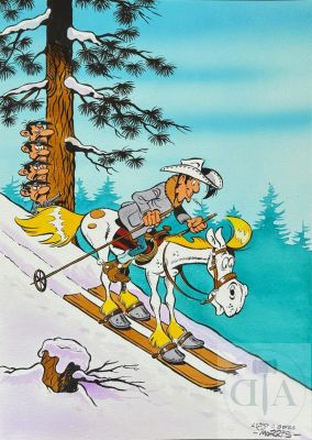 André Sipp/ Lucky Luke. Dessin original amusant réalisé en hommage à Morris. Superbe qualité d‘exécution qui illustre la maîtrise technique de l‘artiste. Encre de Chine et aquarelle signée. TBE+. 41 X 30 cm - Lot 234 :