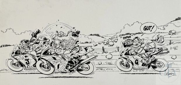 Bar2 | Lot 369 : Bar2 / Joe Bar. Double planche originale "Tourist trophy" illustrant… | Dagoty
