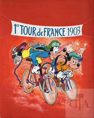 Walt Disney / Couverture Originale Du Journal de Mickey N°1463 de 1980 Mettant En Scène Mickey Et Dingo Dans L’ambiance Du 1E Tour de Ffrance. Rare. Très Belle Réalisation À La Gouache. Tbe. 30 X 36 Cm | Lot 651 : Walt Disney / Couverture originale du journal de Mickey n°1463 de… | Dagoty