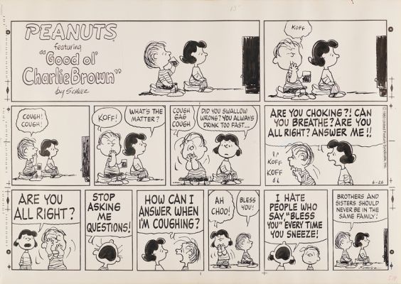 Lot #335 - Charles Schulz Signed Original Hand-Drawn Peanuts Sunday Comic Strip (June 26, 1983)