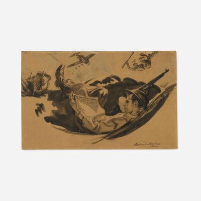 Norman Saunders | Soldier Reading Wall Street Journal Original Art Illustration (1942) | Landry Pop Auctions