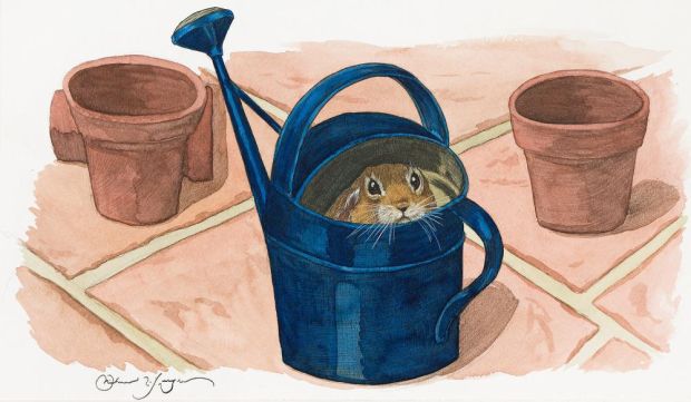 Lot 20 - Michael Hague, (b. 1948), Peter Rabbit hiding in a watering can. 2001.