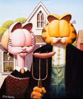 Jim Davis Studio - Garfield "American Gothic" Painting Original Art (undated). Garfield and Arlene play - | Heritage