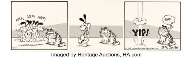 Jim Davis Garfield [Odie Chases His Tail] Daily Comic Strip Original Art dated 4-18-79 (United Feature Syndicate, 1979). | Heritage