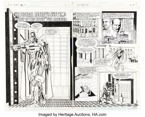 Chris Batista and Dick Giordano Celebrate the Century [Super Heroes Stamp Album] #2 Double Page Splash 8-9 Original Art (DC/USPS, 1998). | Heritage