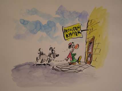 Kort, Hein de - 4 Originele tekeningen in kleur - Hondenkapper | Catawiki