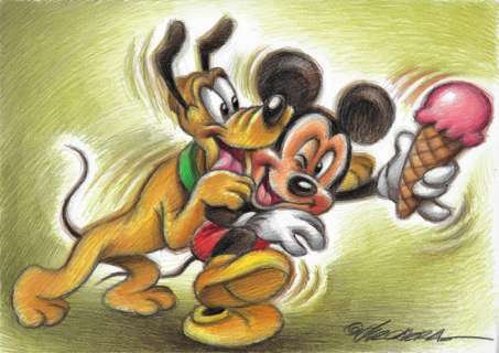 Joan Vizcarra | Mickey & Pluto - Warm Greetings, Cold Ice Cream! - Original Drawing - Joan Vizcarra | Catawiki