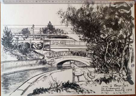 Baudoin, Edmond | Baudoin, Edmond - Dessin original - Les Chemins de l’eau en Provence n°19 - Canal de Marseille devant la ligne de TG - (2011) | Catawiki