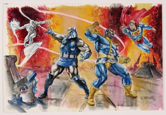 Geof Isherwood | Superman and Silver Surfer vs. Darkseid and Thanos Watercolor Commission by Geof Isherwood | mycomicshop.com (Buy It Now)