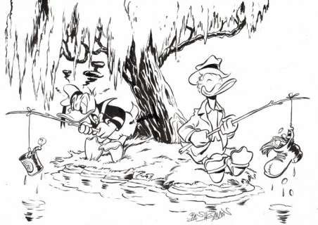 Bas Heymans | Donald Duck and Gladstone Gander fishing - Signed Original Inked Drawing by Bas Heymans | Catawiki
