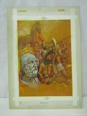 PINTURA ORIGINAL GOUACHE ILUSTRADOR ”DELFIN VILLA” - PORTADA LA ILIADA - ED. MAVES 1980 + | todocoleccion (Buy It Now)