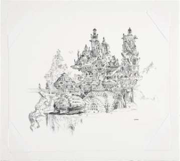 Tom Kidd Gnemo Blimp Landing Illustration Original Art (undated).  The whimsical world of "Gnemo" is -