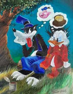 Bas Heymans | Bas Heymans - Oil on Canvas Painting - "Grote Boze Wolf met Dagobert Duck in het bos" - 29,7 x 21 cm | Catawiki