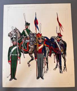Funcken, Fred & Liliane | Funcken, Fred & Liliane - Dessin original couleur - L’Uniforme & armes soldats 1er Empire - Russie - Chasseurs à cheval - (1969) | Catawiki