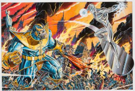 Giorgio Comolo Thanos vs. the Silver Surfer Illustration Original Art (2009). In the ruins of an alien city, -