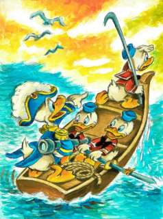 Joan Vizcarra | Donald Duck and His Nephews Sailing on a Boat - Acrylic Painting - 48 x 32 cm - Joan Vizcarra Signed - Original Artwork - Acrylic Art | Catawiki