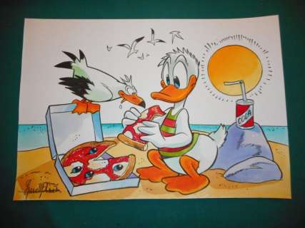 Lara Molinari | Lara Molinari - Illustrazione originale 35x50 cm - Paperino e la pizza in spiaggia per due?", firmata - (2022) | Catawiki