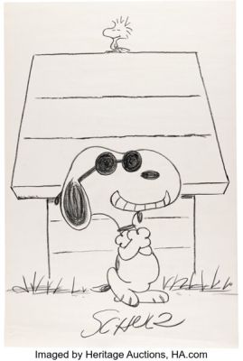 Charles Schulz - Peanuts Snoopy as Joe Cool Oversized Illustration Original Art (c. 1971). | Heritage