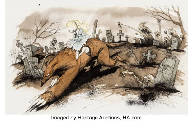 "Lou Lou Escapes the Valley of Zombies on Her Noble Lycanthrope" Signed by Grim Grimly (2006). | Heritage