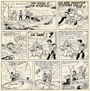 Albert Uderzo | Luc Junior, Naufragé volontaire, planche originale à l’encre de chine signée par Uderzo et Goscinny publiée dans la Libre Junior en 1957. Couleurs à la gouache au verso. | Septimus