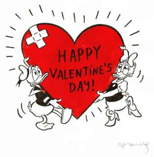 Tony Fernandez - Donald Duck & Daisy Inspired By Keith Haring’s "Heart" - Happy Valentine’s Day - Original Painting | Catawiki