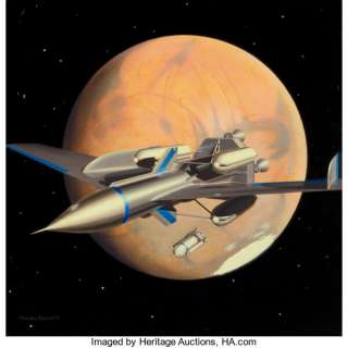 Chesley Bonestell (American, 1888-1986) The Exploration of Mars book cover, Winged Rocket Ferry Orbits Mars - | Heritage