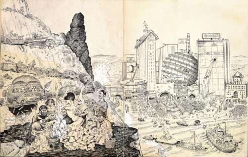 Wolinski - Vacances en Espagne Dessin original Ã  l‘encre de chine sur deux