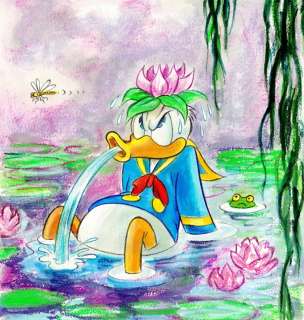 Tony Fernandez - Donald Duck Inspired by Claude Monet’s "Water Lilies" - Acrylic Painting - Hand-Made Paper | Catawiki