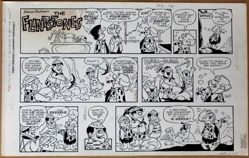 Gene Hazelton - Striscia originale Sunday comic strip The Flintstones (King Features Syndicate, 2/12/1973). Cm. 58 x 37.