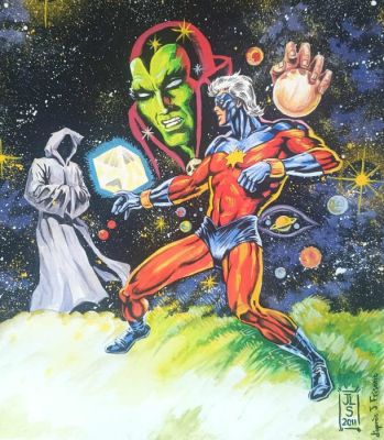 Jean Louis Sanglan - 1 Original colour drawing - Captain Marvel, Avengers - Tribute Jean Frisano - 2011 | Catawiki