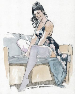 Bleda, Sergio - 1 Aquarelle originale - Seated Woman in Lingerie – Hand Signed | Catawiki