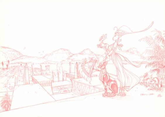 Crisse | Crayonné original (marque de pliure partie droite) - La Balade de Néfertiti - Les Dieux du Nil | Daniel Maghen