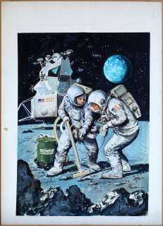 Roberto Molino - Uno dei bozzetti  (ne furono realizzati circa 100) per la celebre campagna pubblicitaria del Bidone Aspiratutto, pubblicata sui maggiori periodici italiani  dalla seconda metà degli anni ’70 fino ai primi anni ’80. L’impostazione cita, a mo’ di parodia, le notizie di cronaca illustrate da Walter Molino e altri artisti, che caratterizzavano le copertine della Domenica del Corriere e della Tribuna Illustrata o l’ultima pagina di Grand Hôtel, settimanali d’altri tempi, prima che la fotografia soppiantasse quasi del tutto, nei periodici per adulti, l’opera dei disegnatori. La campagna ha creato il mito di una potenza aspiratrice magica, sebbene generata da 650 modestissimi watt.  Cm 36 x 51.  Tempera su cartoncino rigido.