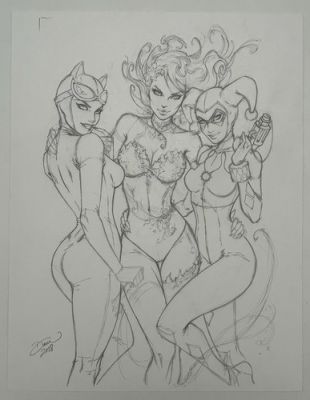Original Art by Dawn McTeigue Harley Quinn, Poison Ivy, Catwoman Original Pencil