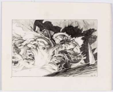 Karl Waller - Fantasy Illustration Original Art (1989). A warrior plants his axe in the back of a creature’s head - | Heritage