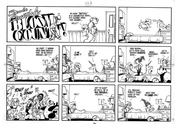 Berke Breathed | Breathed, Berke - Bloom County Sunday 10/2 1988, Bill the Cat For President, Padded For Beating on Media Event | Cool Lines Art